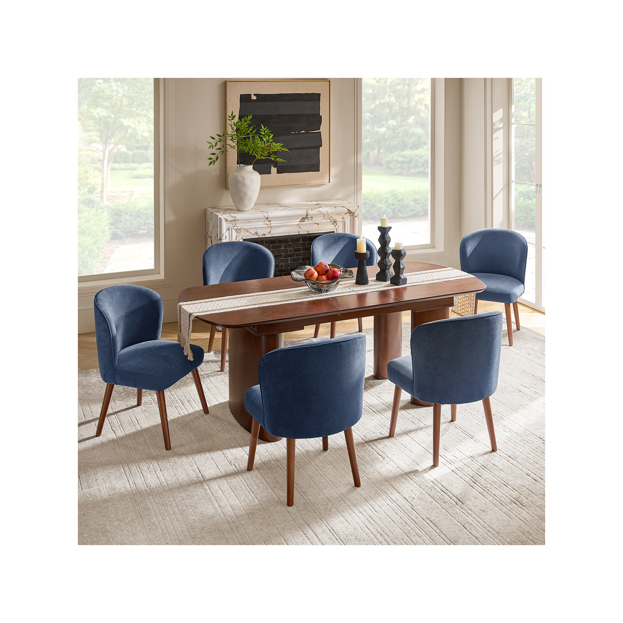 Palmdale Mid-Century Modern Upholstered Dining Chair Set, 6, Slate Blue