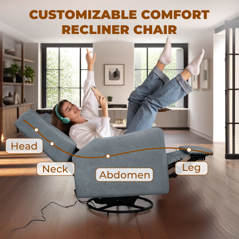 Cutlor Luxury Power Motion Recliner  Swivel Glider, Upholstered Reclining Sofa Chair with Lumbar Support, Gray Linen