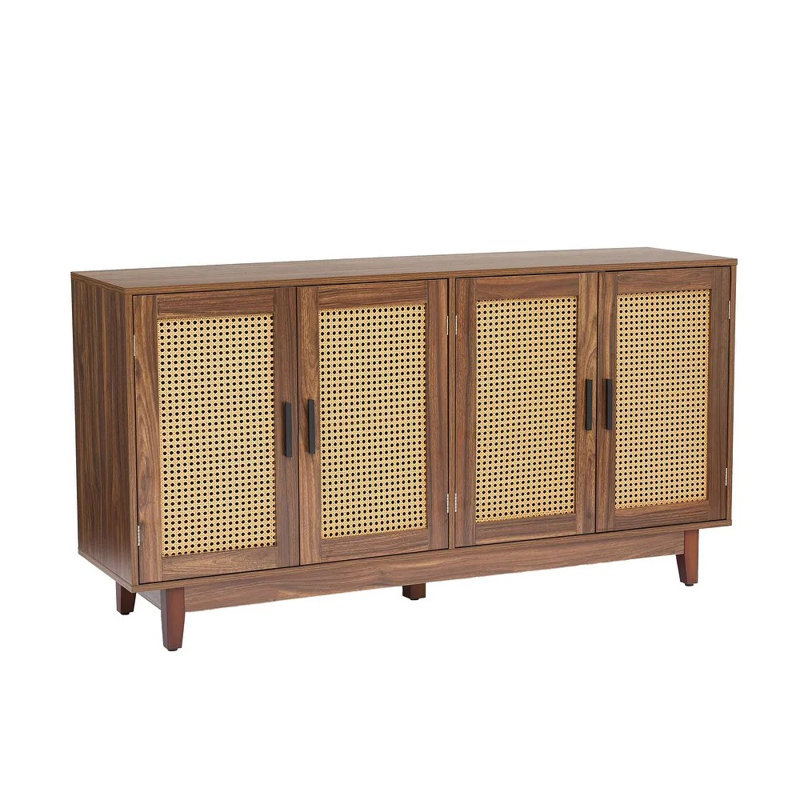 57.7''W Modern 4 Door Wood Rattan Buffet Sideboard Storage Cabinet, Espresso