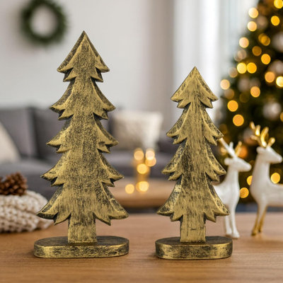 Christmas Tree Figurine Set (2 Pieces) – Gold – Wood / Rustic Tabletop & Mantel Centerpiece / Vintage Holiday Decor