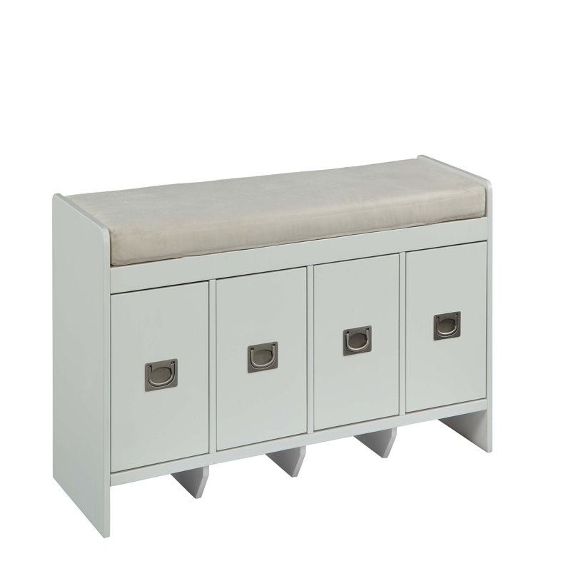 Banc en tissu beige et blanc avec rangement