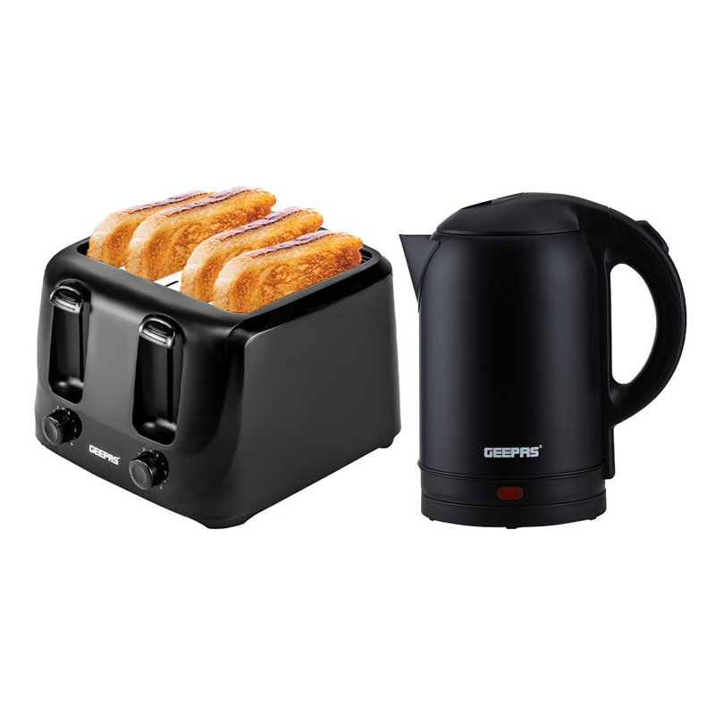 GEEPAS 1.8L Electric Kettle & 4 Slice Toaster Kitchen Combo Set | 1800W Cordless Stainless Steel Jug Kettle Boil Dry Auto Shut Off with Auto Lid Open | Matte Black | 1400W 6 Browning Levels Crumb Tray