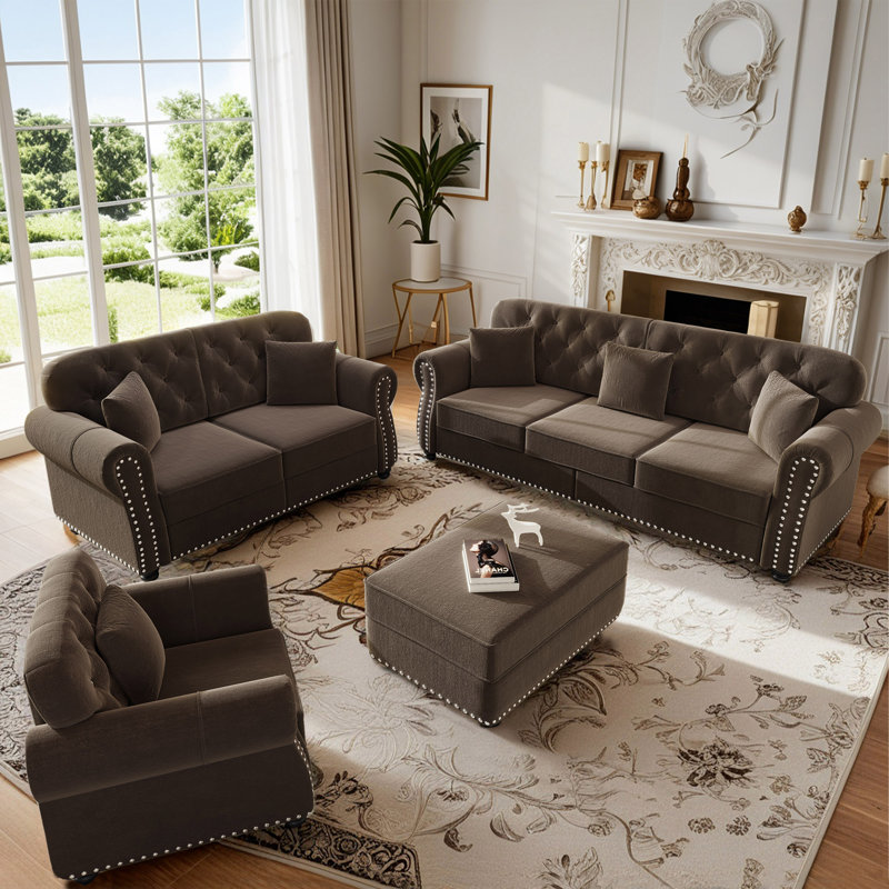 Ensemble de salon, canapé en velours avec causeuse, fauteuil et repose-pieds Mid-Century, Brun