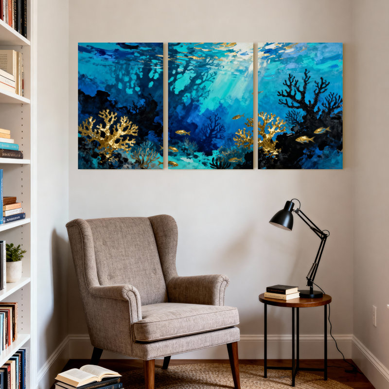 Ensemble de 3 impressions sur toile récif de corail sous l'eau avec décorations dorées, H 30 po x l 60 po