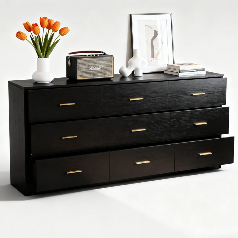 63 Inch 9 Drawer Dresser Chest Large Storage Cabinet for Bedroom Living Room, Black