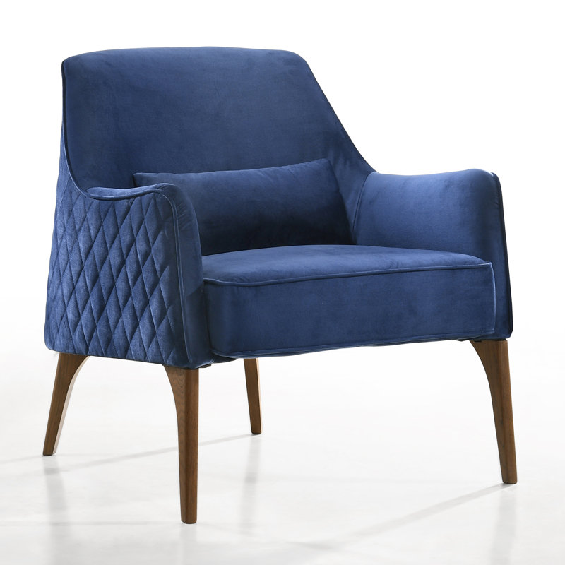 28.34" W Diamond Tufted Armchair with Solid Oak Legs, Blue Velvet