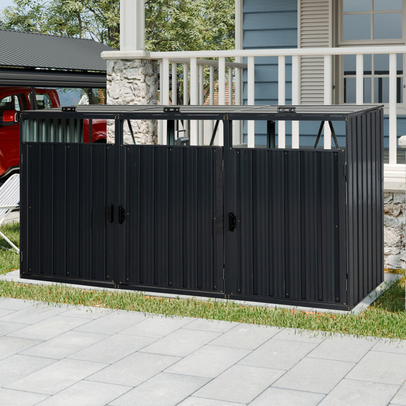 Metal Outdoor Garbage Bin Shed for 3 Trash Cans Black Stainless Galvanized Steel