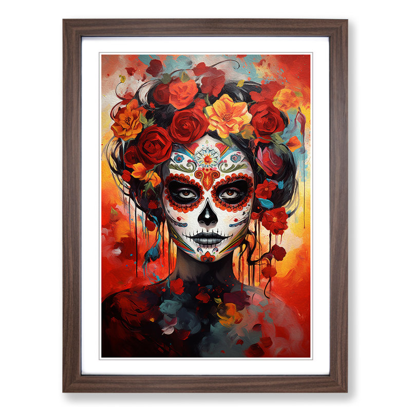 Sugar Skull Modern No.2 - Framed Print, 46cm H x 34cm W x 2cm D, Walnut