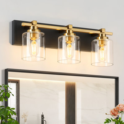 Luminaire de salle de bain moderne 3 lumières au-dessus du miroir, lumières de meuble-lavabo or noir, abat-jour en verre transparent, douille E26 (ampoules non incluses)