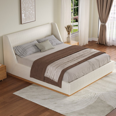 Luxury Modern Upholstered Wingback Platform Bed with Solid Rubberwood Frame