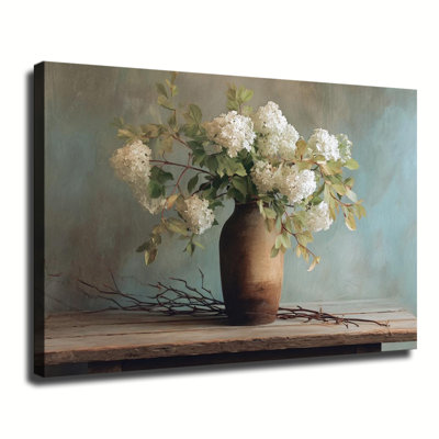 Hydrangeas Bouquet In Antique Vintage Vase Floral Art, Large Gallery Wrapped Canvas Wall Art Print for Living Room & Bedroom