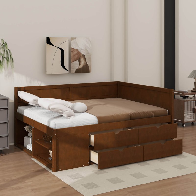 Full Size Daybed With Drawers And Shelves, Walnut