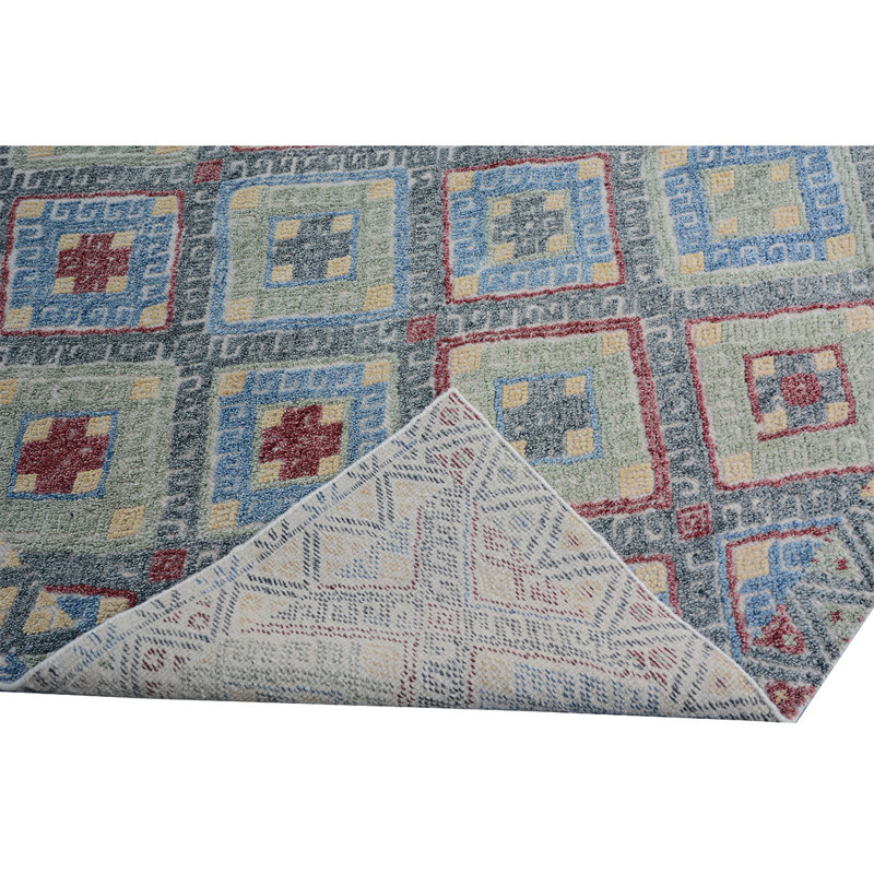 Tapis en laine noué à la main en gris / bleu / rouge, Rectangle 12 pi x 15 pi
