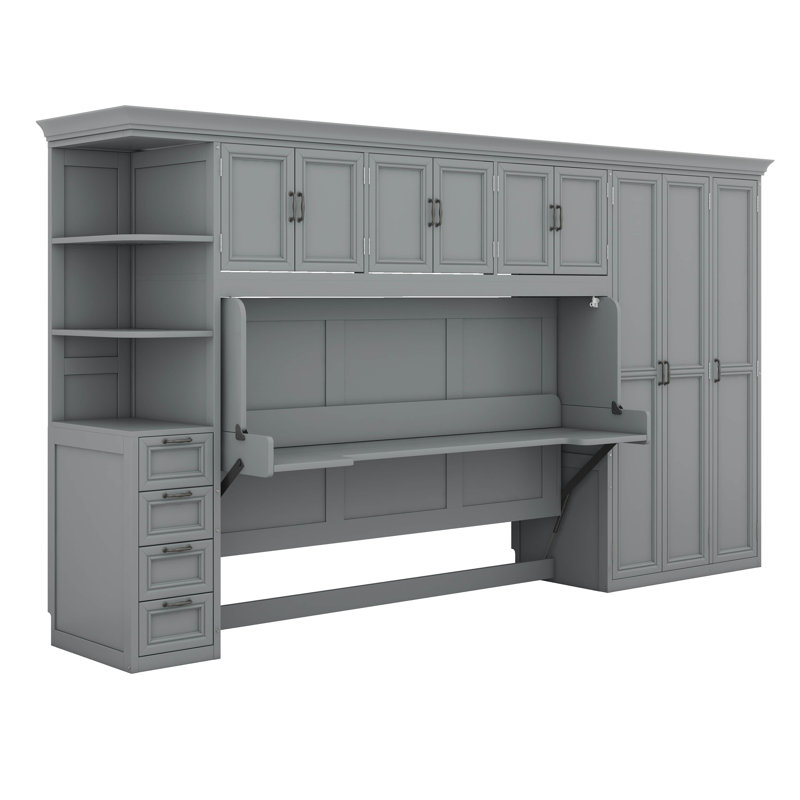 Lit escamotable simple avec garde-robe intégrée, bureau, étagères suspendues et 6 tiroirs de rangement, lit mural peu encombrant pour les petites pièces