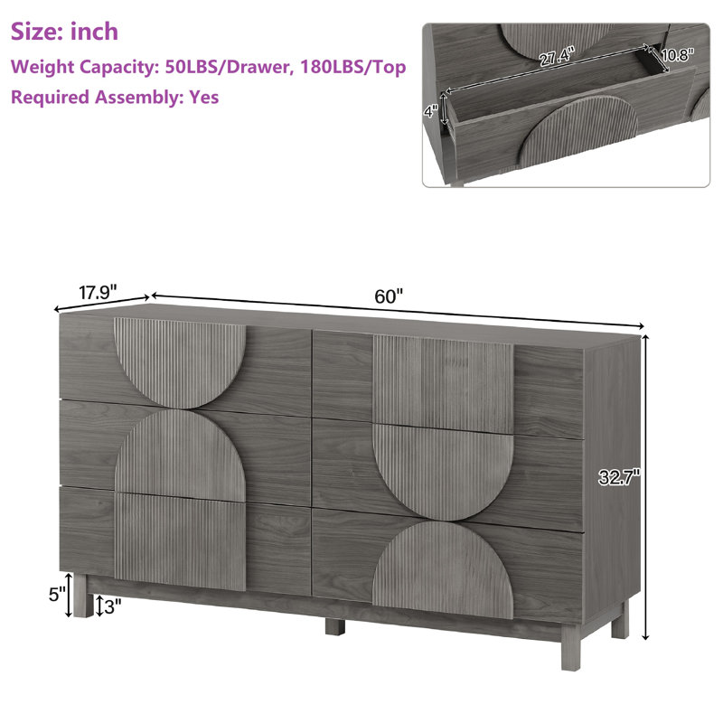 60"W 6 - Drawer Dresser, Natural