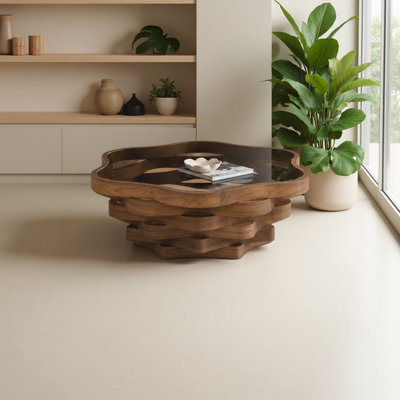 Table basse 35,83 "unique en forme de nuage irrégulier avec plateau en verre trempé, table de cocktail artistique moderne en panneau de fibres à densité moyenne pour salon et appartement