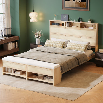 Full Size Pine Wood Platform Bed, Rattan Design, Storage Headboard With Charging Station, Shelves And Ottoman For Bedroom