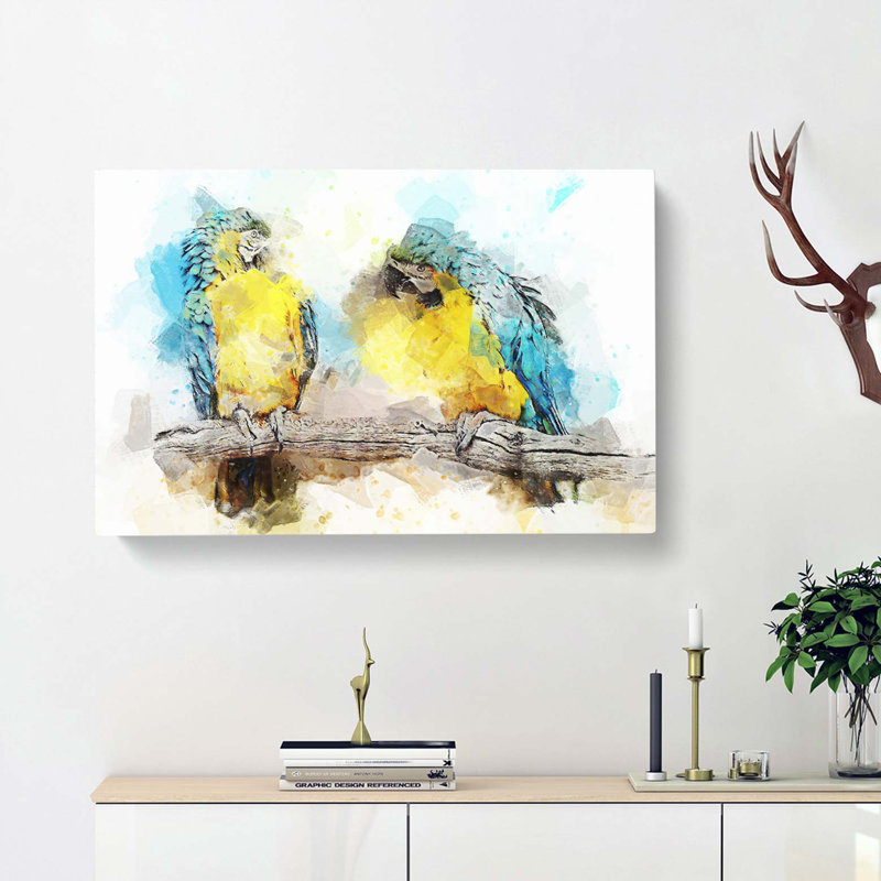 Two Blue & Yellow Macaw Parrots in Abstract - Wrapped Canvas, 40cm H x 60cm W x 3cm D