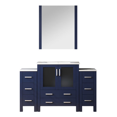 54 po Meuble-lavabo large bleu marine avec armoires latérales, comptoir en céramique blanche, 28 miroirs, tiroirs à fermeture en douceur, surface de travail, armoire intérieure pour un bon rangement, 8 tiroirs et 1 armoire, teinture