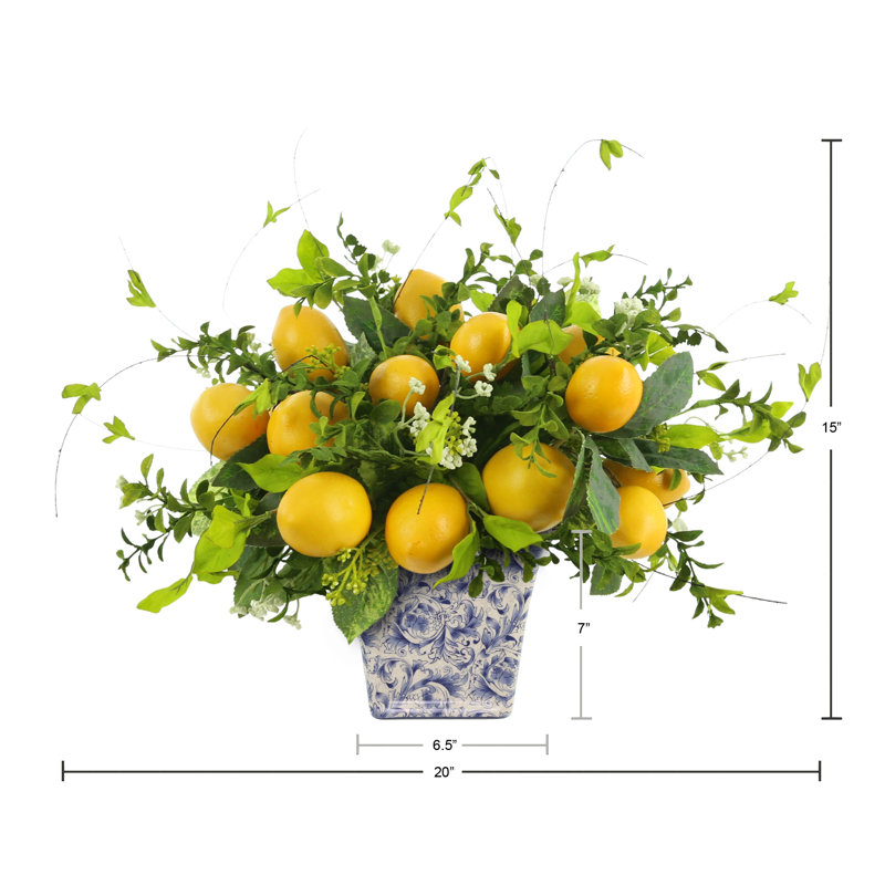 Lemon Arrangement In White Blue Ceramic Pot