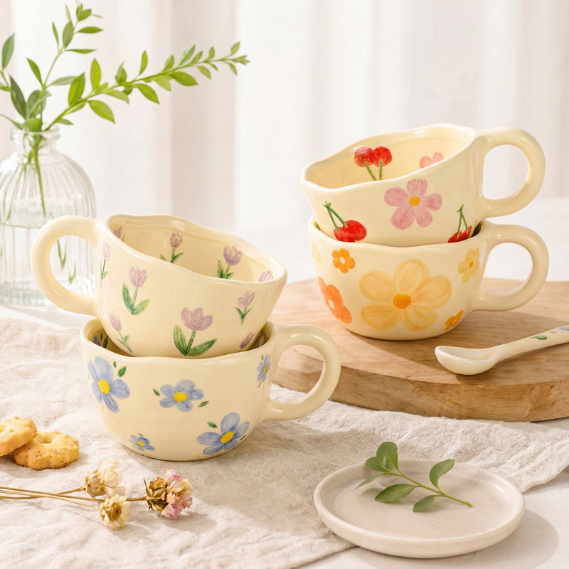 Ensemble de 4 tasses en céramique florales peintes à la main, ensemble de tasses à café à bord ondulé de 5,3 po de couleur bleu orange, rose et mauve pour les boissons au thé pour le petit-déjeuner