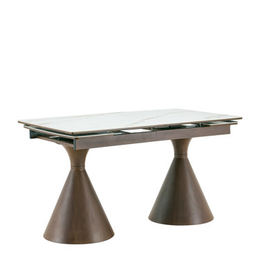 Extendable Stone-Top Dining Table: White marble-patterned tabletop with metal legs. A modern, luxury-inspired rectangular dining table for home use, s