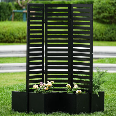 Paravent en métal à 3 panneaux avec boîtes à fleurs surélevées intégrées - Paravent extérieur autoportant avec 4 lits autodrainants, 51 x 70 x 31 pouces pour patio, terrasse, cour (noir)