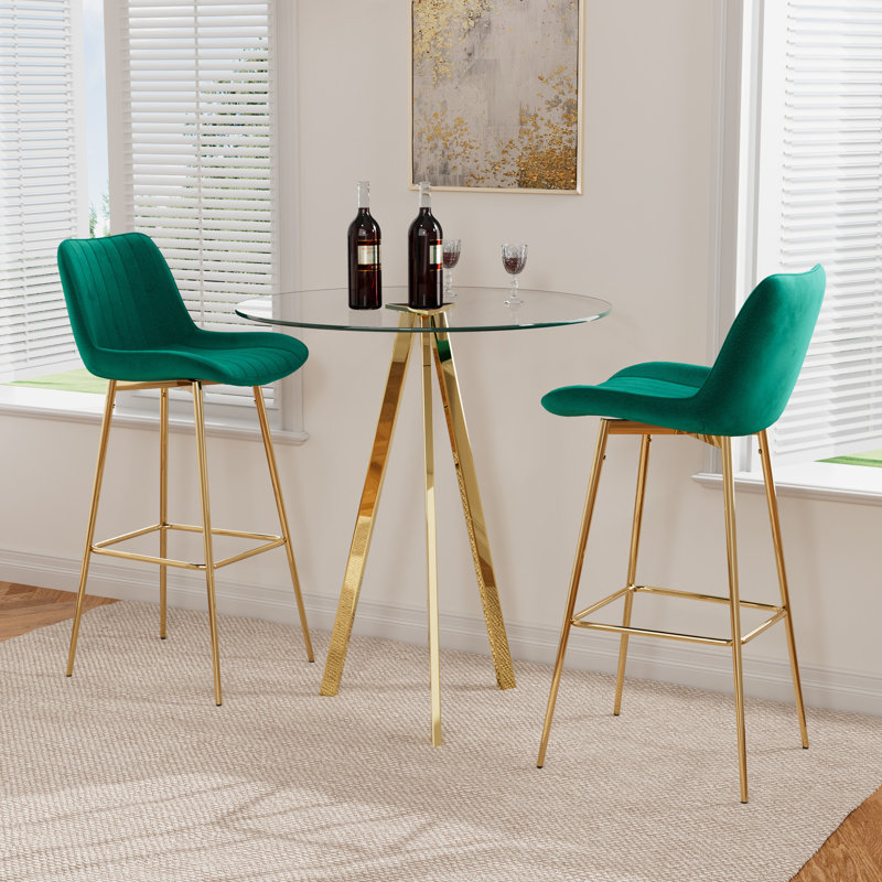 Pub Table and Velvet Fabric Pedestal Bar Stool Dining Set, Green, 3 Pieces: Table, 2 Chairs