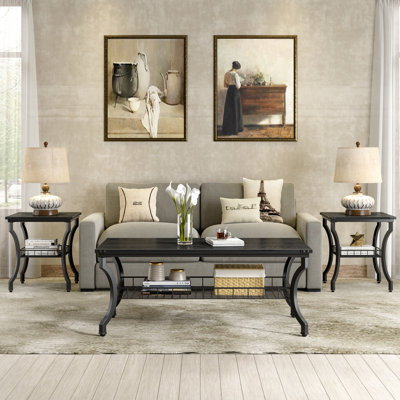 Aliona 3-Piece Black Coffee Table and End Table Set, Modern Industrial Accent Tables with Storage Shelf, Engineered Wood and Metal Living Room Furniture