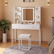 ARTETHYS Small Vanity Desk Set with 3 Adjustable Lighted Mirror and Storage  Chair, Makeup Vanity Table for Small Space, White Dressing Table with