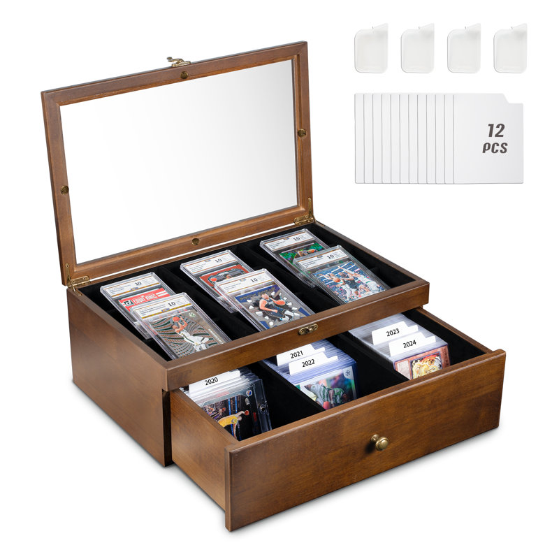 Boîte de rangement pour cartes à collectionner Holder 70 + porte-cartes avec tiroir personnalisé, vitrine de cartes de sport en bois avec grande fenêtre transparente