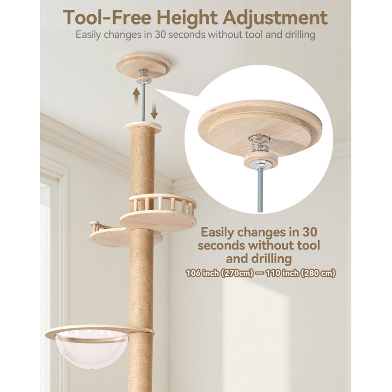Floor To Ceiling Cat Tree Height Adjustable, Sturdy Tall Cat Tree With Scratching Posts, Cat Tower For Indoor