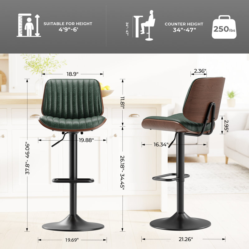  Modern Upholstered Swivel 26.2”H Faux Leather Adjustable Height Barstools with Footrest, for Bar, Kitchen, Dining Room