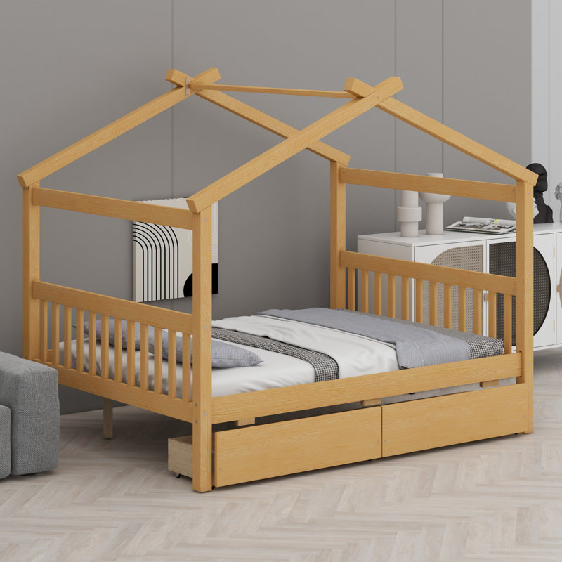 Lit en bois avec tiroirs, Naturel