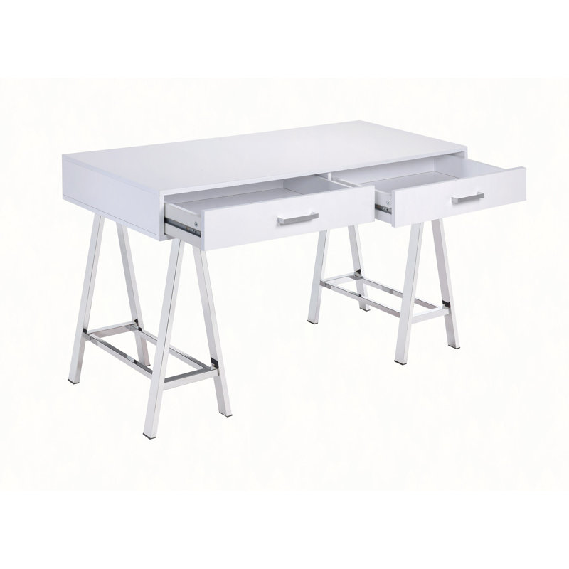Bureau d'écriture blanc ultrabrillant et finition chrome avec USB, Blanc