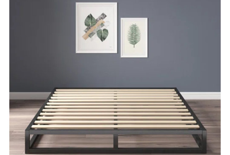 black metal and wooden slat low profile bed frame