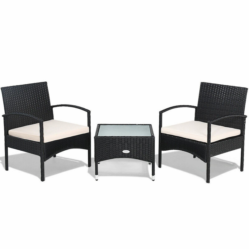 Ensemble de conversation de patio en rotin avec coussins 3 pièces, Blanc
