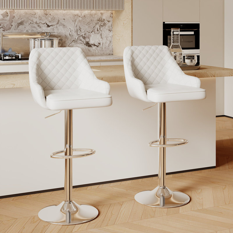 Ensemble de 2 tabourets de bar Aryelle, tabourets réglables à hauteur de comptoir avec dossier et accoudoirs, chaises de bar pivotantes modernes avec repose-pieds, tabourets de cuisine en polyuréthane revêtus d'îlot de cuisine, blanc