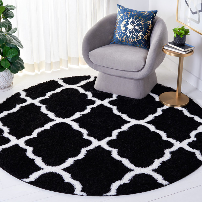 Tapis noir et blanc à motif géométrique, Rond 6 pi 7 po