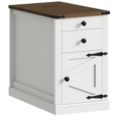 Farmhouse Narrow End Table with Charging Station and Two Drawers for Living Room, Bedroom