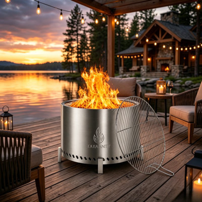 TATAANTY 28 Inch Stainless Steel Smokeless Fire Pit , with Grill Rack & Support Stand, for Patio Backyard Bonfire BBQ