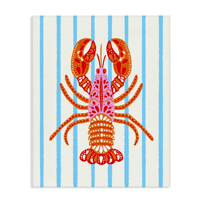 Homard boho vif sur toile rayée, design par Indira Prieto | IndySign, H 40 po x l 30 po