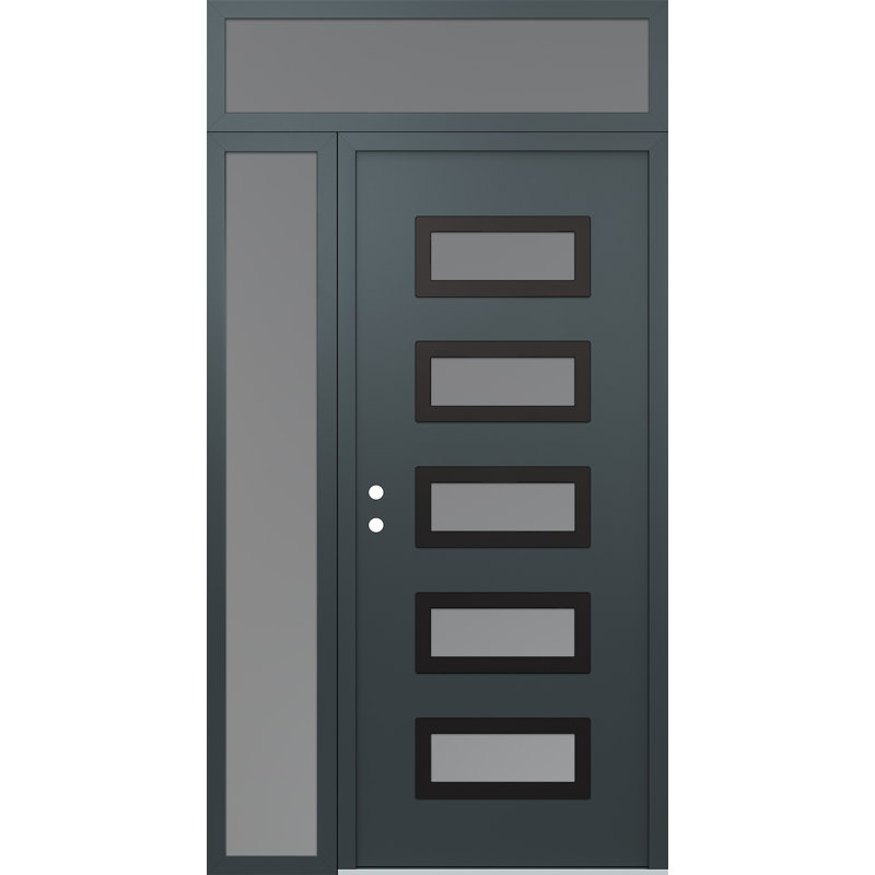 D1 52 po à droite X 96 po Panneau en acier noir anthracite et verre givré anthracite avec porte d'entrée avant en verre givré à panneau avant et arrière