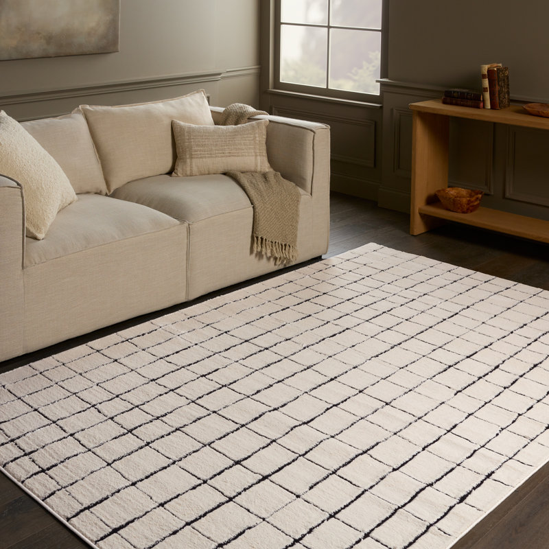  Tapis écossais ivoire / noir en polypropylène tissé à la machine, Tapis de couloir 2 pi 5 po x 10 pi