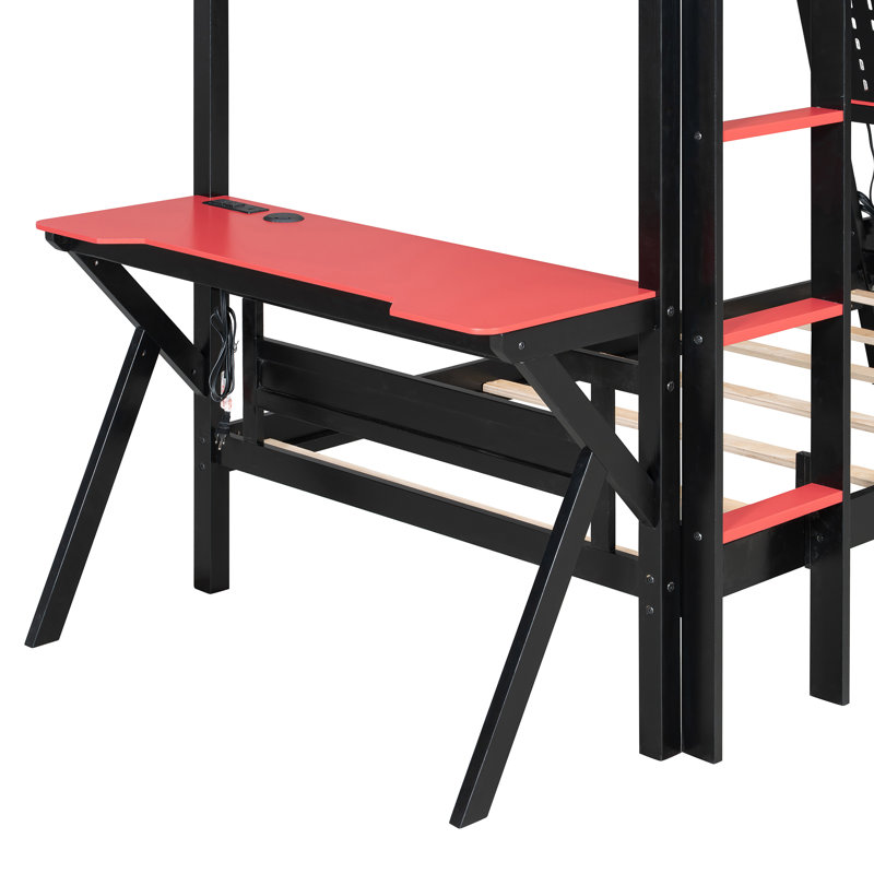 Lits superposés en bois peu encombrants avec bureaux de jeu doubles et ports USB, rouge moderne