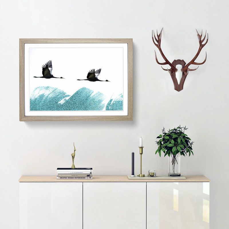 A Couple of Crane Birds Flying in Abstract - Picture Frame Painting Print, 48cm H x 65cm W x 2cm D, Oak Framed