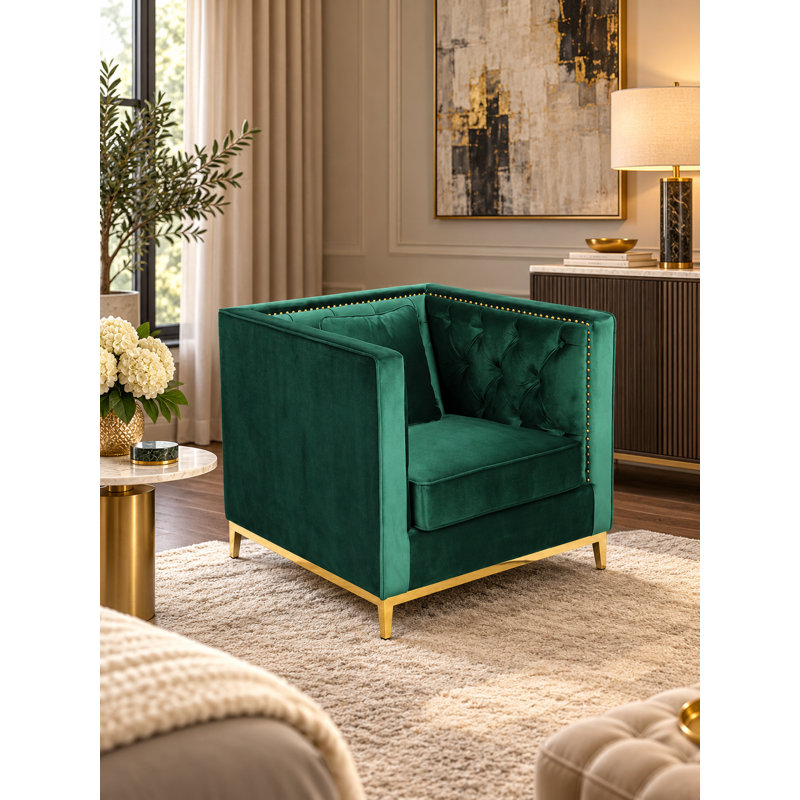 Vivienne Modern Emerald Green Velvet Accent Chair with Tufted Back, Gold Metal Base and Nailhead Trim, Green Velvet