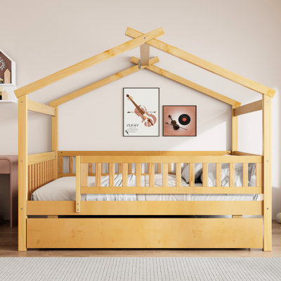 Natural Full Size House Bed, Trundle For Extra Sleeping Space, Solid Pine Wood And , Imaginative - Shape, Ideal Suitable