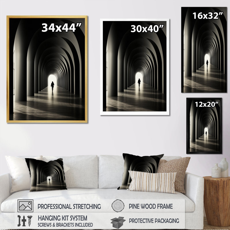 «Black Grey Tunnel Timeless Passage Classic», reproduction sur toile, H 20 po x l 12 po x P 1 po, Cadre simple argenté
