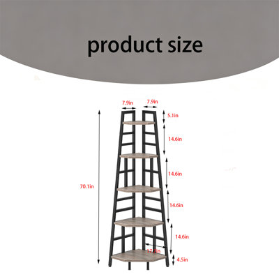 Five story corner shelf, narrow bookshelf, suitable for small spaces, industrial style bookshelf display rack, suitable for living rooms, bedrooms, offices